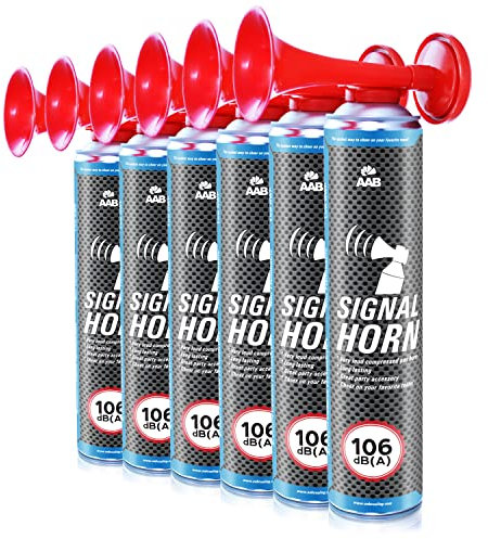 6x AAB Signal Horn, 106 dB(A), Bis Zu 320 Kurze Pieptöne Mit Nicht Brennbarem Gas, Fan Tröte, Fantröte, Presslufthupe, Handsirene, Airhorn Extrem Laut, Yacht, Fussball Hupe, Fussball Fanartikel