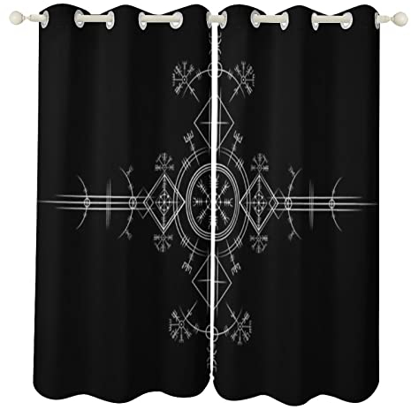 VZXATYOP Retro-Wikinger-Kompass-Verdunkelungsvorhänge, Helm of Awe, Vintage-Vorhang, Deko-Ösen, Bauernhaus-Vorhänge für Schlafzimmer, Küche, 2 Paneele, Schwarz, 6,4 x 182,9 cm, 2 Stück