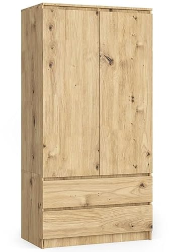 AKORD Zweitüriger Kleiderschrank S 90 cm 2 Schubladen mit Regalen und Einer Kleiderstange für EIN Schlafzimmer Kleiderschränke | Laminierte Platte 16 mm | Farbe: Kunsthandwerkliche Eiche
