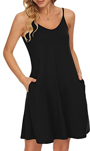 WNEEDU Robe d'été à Bretelles Spaghetti pour Femmes Noir XXL
