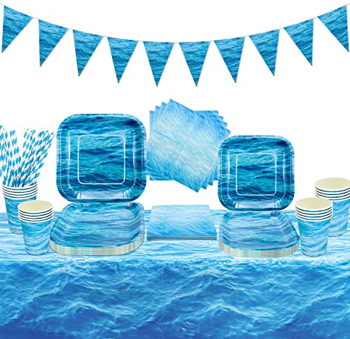 Hegbolke Ocean Wave Party Supplies - Including Plates, Cups, Napkins, Tablecloth, Banner for Ocean Sea Party Birthday Baby Shower Beach Pool Celebration
