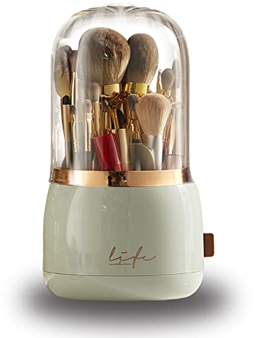 Mackertop Support de pinceaux de maquillage avec couvercle, rotatif à 360°, en acrylique, sans poussière, étanche, pour coiffeuse, grande capacité (vert)