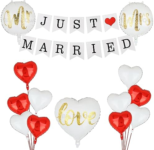 Big Eye Owl Just Married Hochzeit Girlande Deko Mr&Mrs Luftballon Rot Weiß Herzförmige Folienballon Wedding Helium Ballons Heiratsantrag Verlobungs Hochzeitsdeko