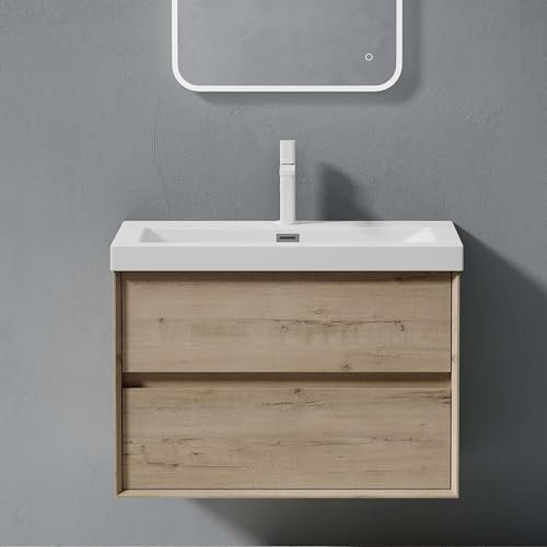 doporro Badmöbel Set Waschtischunterschrank Waschtisch mit Unterschrank Wandhängender Waschbecken-Unterschrank mit Soft-Close in Eiche Greige 76,5 cm inkl. Mineralguss-Waschbecken Rimo
