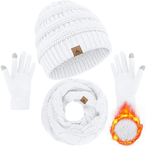 LOROME Winter Beanie Mütze Schal Handschuhe, Warme Fleece Strick Wintermützen Touchscreen Handschuhe Halstuch Set Winter Geschenke für Frauen Männer, Weiss/opulenter Garten, 10.43*10.24 inch