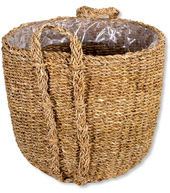 DARO DEKO Seegras Korb Topf rund Natur Ø 40 x 35cm mit Einsatz und Henkel Blumentopf geflochten Aufbewahrungskorb Übertopf Blumenkorb