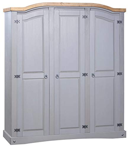 GuyAna Wardrobe Mexican Pine Corona Range 3 Doors Grey,Heavy Duty Clothes Storage,Dust Proof Drawers for Bedroom