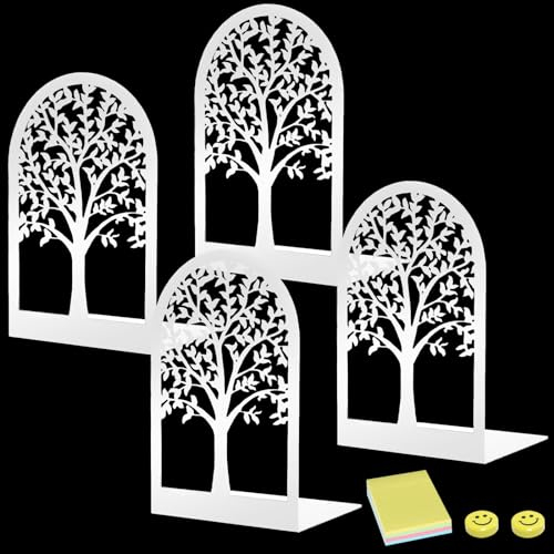 Qualsen 4 Stück Metall-Weiß Buchstütze, Baumdesign Buchstütze, Buchstützen mit rutschfeste, Dekorative Buchstützen, Bücherstütze für Schule Zuhause Büro, Schulbedarf