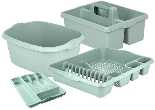 KetoPlastics Sage Green 4 Piece Kitchen Set - 14L Rectangular Washing Up Bowl Dish Drainer Cleaning Caddy and Cutlery Tray For Home Kitchen - Made in UK