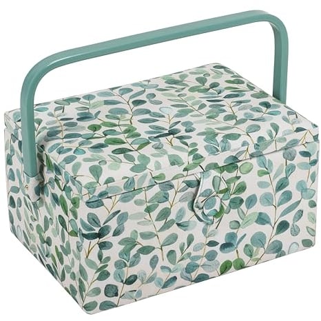 Hobby Gift Costurero mediano exclusivo, caja de almacenamiento para manualidades, bandeja para accesorios, alfiletero, mango de PVC, 18,5 x 25,5 x 14,5 cm, Eucalyptus