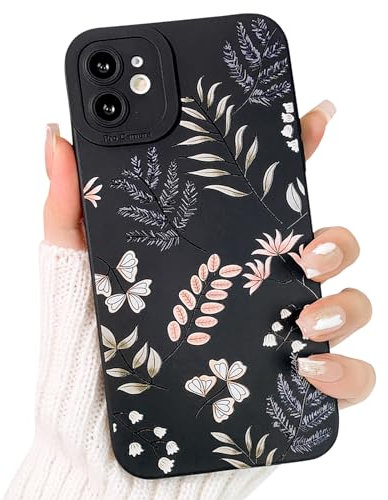 NITITOP Compatible for iPhone 12 Case Cute Cool Leaves Black Design for Girls Women Soft TPU Shockproof Protective Phone Cover Girly - Leaves