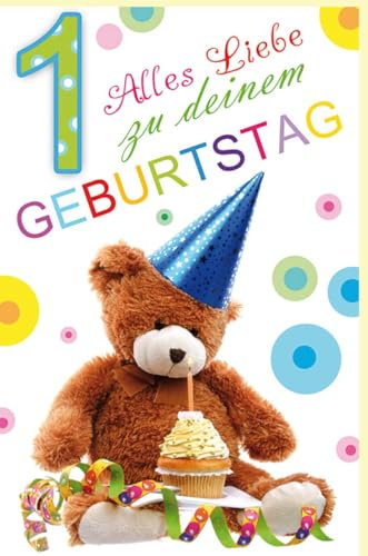 Skorpion Geburtstagskarte 1 Jahr - Teddybär mit Partyhut & Cupcake, Bunte Karte zum ersten Kindergeburtstag voller Konfetti-Spaß - mit Umschlag