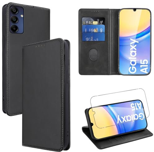 Vauki Coque Cuir pour Samsung Galaxy A15 4G/5G 6.5 avec 1 Verre Trempé Etui à Rabat en PU Porte-Cartes Portefeuille Support Flip Housse Magnétique Antichoc Anti-Rayures Case,Noir