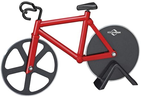 Küchenprofi Cortador de pizza Bike, acero inoxidable y plástico, ruedas antiadherentes, rodillo de pizza para bicicleta, con soporte, para pizza, pan plano, color rojo y negro