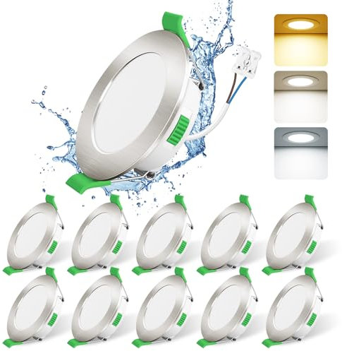 ALUSSO LIGHTING Einbaustrahler LED,5W 460 Lumen LED Einbaustrahler 230V, 3CCT 3000K 4000K 6500K Dimmbar Deckenspots, IP44 Deckenstrahler für Küche,Wohnzimmer,Badezimmer,10er Set,Nickel