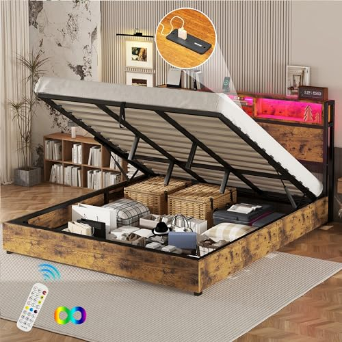 Holzbett Doppelbett 180 x 200 cm, Hydraulisches Stauraumbett mit LED und USB, Bettrahmen – Bettgestell mit Lattenrost und Stauraum-Kopfteil, Familienbett Gästebett Jugendbett, Modernes Bett, Braun