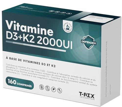 Vitamina D3 2000 UI + Vitamina K2 160 compresse ad Alto Dosaggio per Articolazioni, Ossa, Denti, Muscoli, Sistema Immunitario ed Assorbimento del Calcio e del Fosforo (160 Unità (Confezione da 1))