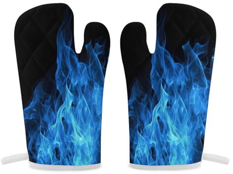 Thermal Gloves, Blue Flame Print Heat Resistant Gloves Oven Mitts Kitchen Gloves Cooking Gloves Microwave Gloves