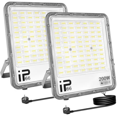 AUXTINGS 2 Pièces Projecteur d'extérieur 200W,Sécurité projecteur 20000 lumens avec prise, lampe de travail extérieure, 6000K éclairage extérieur blanc pour cour patio parking jardin,étanchéité IP66