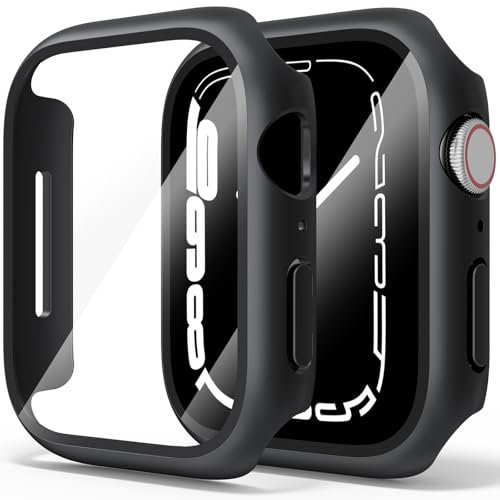 Amzpas 【2 PEZZI Cover per Apple Watch 9/8/7 45mm con Vetro Temperato, Custodia Rigida iWatch Protezione Sottile HD Clear Pellicola Protettiva (Nero*2)