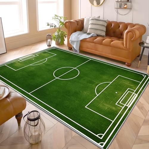 PaxGloz Fußballfeld Teppich - Teppiche Wohnzimmer Schlafzimmer Fußball Jungen, Großer Teppich Sport Kinder, Weich Kurzflor & Waschbar & rutschfest Wohnzimmerteppich, Kinderteppich, 140x200 cm