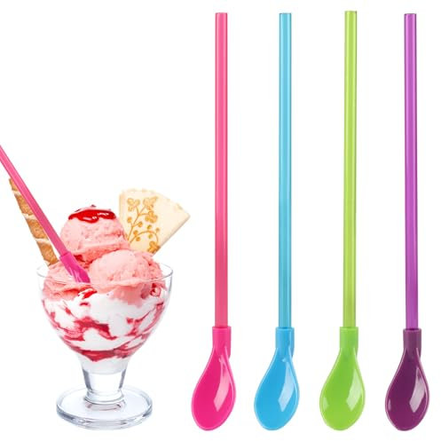 20 Pcs Slush Straws, 2 in 1 Colored Straw Spoon, Plastic Reusable Straws, Drinking Straws for Cocktails Coffee Drinks Ice Cream, 9.25 Inch Length