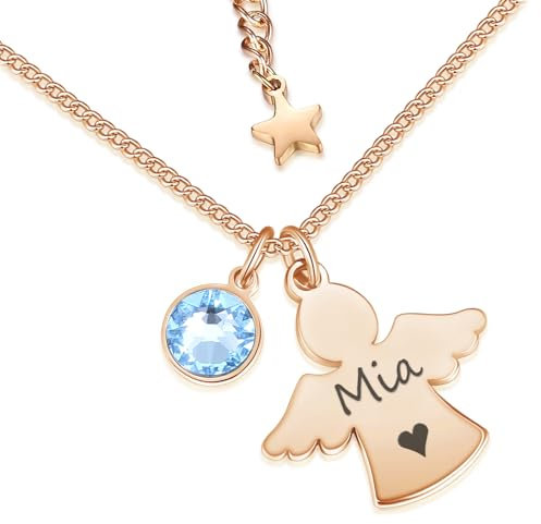 Personalisierte Kette mit Schutzengel und Geburtsstein in Silber und Rosegold | Taufgeschenke für Mädchen zu Kommunion Konfirmation Einschulung | Namenskette Personalisiert mit Gravur