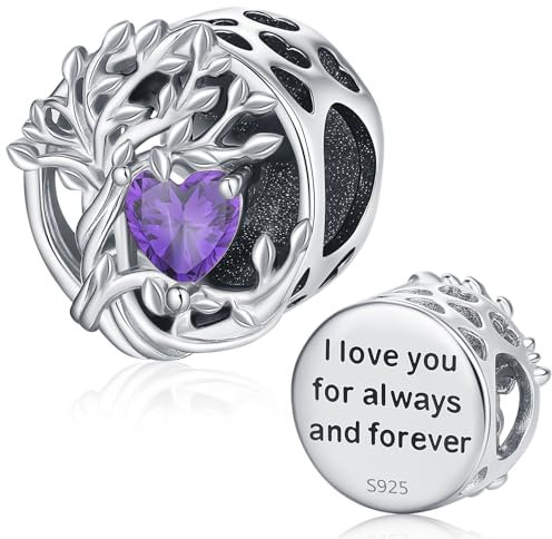 Abalorios Árbol de la vida, Charm Árbol Genealógico Plata de Ley 925 y Charms de Piedras de nacimiento, Adecuado para el abalorio de pulsera Pandora European Charme. Regalos para mujeres y niñas