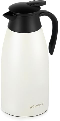 WYHVAND Thermoskanne 2 l aus Edelstahl, Isolierkanne, Cremefarben | Hält lange warm oder kalt, staub- und auslaufsicherer Deckel, Einhandbedienung per Druckknopf, ideal für Zuhause und Büro