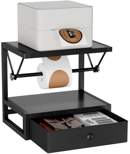 IBUYKE Porta etichette per rotoli ed etichette piegate a ventaglio, supporto termico per etichette in legno con cassetto porta stampante da scrivania per casa, ufficio, piccole imprese, nero TPS003B
