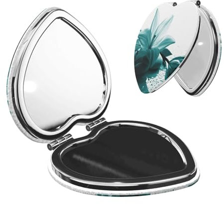 WXWJSHMGC Miroir de maquillage compact avec grossissement x1/2x, motif lys bleu sarcelle, miroir de maquillage pliable pour sac à main