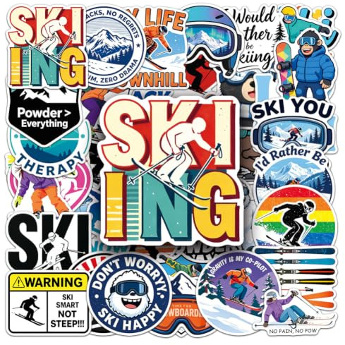 Ski-Aufkleber | 50 Stück Winter-Ski-Sport Wasserdichte Vinyl-Sticker | für Helm, Snowboard, Trinkflaschen, Fahrrad, Laptop, Kühlschrank, Koffer, Computer, Handy, Bike