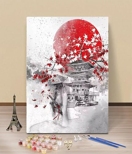 HOLXSW Peinture par numéro de Paysage japonais noir et rouge 092 même avec pinceaux - Peinture acrylique parfaite pour la peinture par numéros pour adultes etétudiantsdébutants