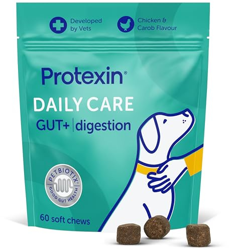 Protexin Daily Care Gut+ Digestive Supplement for Dogs, 60 Soft Chews | Prebiotic, Probiotic & Postbiotic Chew for Dogs, Supports Gut Balance, Firm Stools & Anal Gland Function, Chicken Flavour