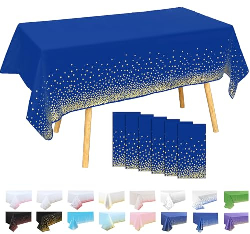 Lot de 6 Nappes Plastiques à Pois Fond Bleu Foncé avec Pois Dorés 137x274 cm – Nappe Rectangulaire Réutilisable pour Fête Anniversaire, Décoration Table Événement Sportif, Imperméable Anti-taches