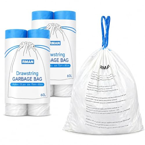 RMAN® Sac Poubelle 50L-70L Ultra Résistant & Fond Anti-Fuite Sacs Poubelle | Poignées Coulissantes, Jardin, Cuisine, Salle de Bains, Chambre, Bureau, 60 Sacs, 70 × 80cm