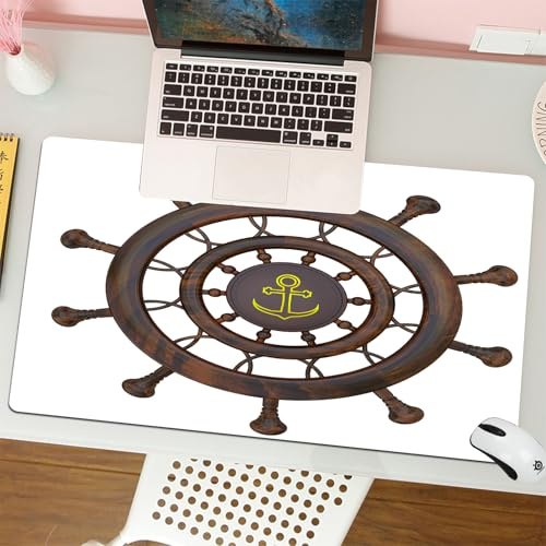 QRFASFZO Mouse Pad 31.5 × 12 inch Extended Large Mouse Mat Desk Pad, Stitched Edges Mousepad,Non-Slip Rubber Base,3D model of ship steering wheel,Steering wheel with anchor mark,W,Gaming Mouse Pad XL