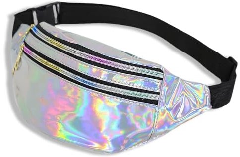 Bauchtasche Mode Wasserdicht, Gürteltasche mit 3 Reißverschlussfächern & Verstellbarem Gurt, Reflektierende Hüfttasche Unisex für Damen, Herren & Kinder – Festival, Party, Sport & Outdoor (Silber)