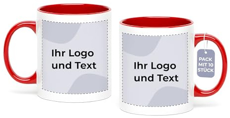 Cimpress Personalisierte Firmen-Tassen, 325 ml, 10 Stück, Rot | Mit eigenem Logo gestalten, Geschenke zum Firmenjubiläum & Kollegen, Tasse für Büros & Merchandise