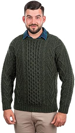 SAOL 100% Merinowolle Herren Aran Pullover mit Rundhalsausschnitt Kragen
