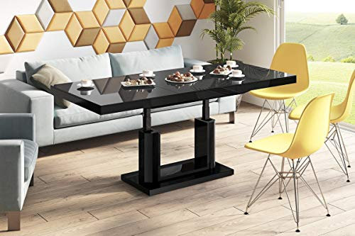 designimpex H-120 Couchtisch Schwarz Hochglanz ausziehbar höhenverstellbar 120/170cm modern vielseitig Wohnzimmertisch Esstisch Beistelltisch Sofatisch platzsparend hochwertig Wohnzimmer