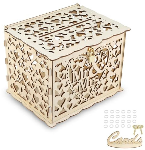 Scatola di Carte di Nozze in Legno con Serratura, decorazioni rustiche in legno per matrimoni e decorazioni, Scatola per Buste Regalo Nozze, Scatola per Soldi Matrimonio con Serratura(Mr & Mrs)