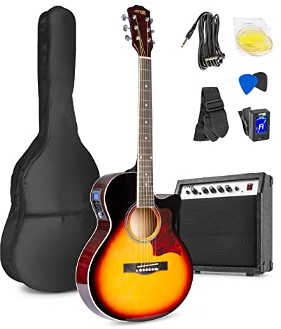 MAX Guitarra Acústica Eléctrica Sunburst - Set Completo con Amplificador 40W, Funda, Afinador Digital, Correa, Púas y Cuerdas de Repuesto - Perfecta para Principiantes y Profesionales