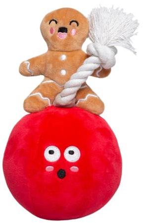Pearhead Boule de Noël Destructible pour Chien - Peluche Rembourrée avec Couineur, Jouet à Tirer avec Corde, Thème Festif