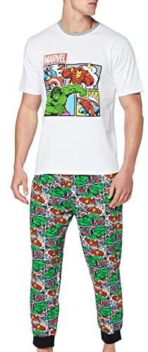 Marvel Mens Comics Pyjamas PJ Set, Incredible Hulk Captain America Spiderman Iron Man Pjs for Men, Official Merchandise, Gifts For Men (M) White