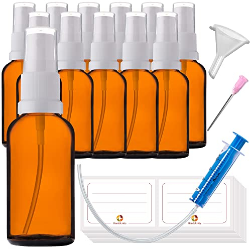 HandsUnity 30ml-12pz di Flacone in Vetro per Spruzzatore - set di Flaconi in Vetro Ambrato per Farmacia con Flacone Spray in Vetro Atomizzatore Bianco in Vetro Marrone inclusi 29 Accessori