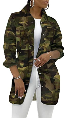 SeNight Women's Jacket Camouflage Casual With Pockets Sexy V Neck Long Sleeve Button Down Denim Coat
