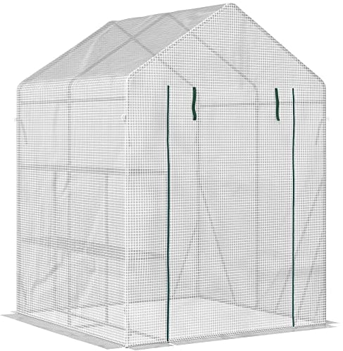 Outsunny Foliengewächshaus begehbares Gewächshaus mit 4 Regalebenen Tomatengewächshaus Treibhaus Frühbeet mit Reißverschlusstüren Weiß Stahl PE-Kunststoff 143 x 143 x 195 cm