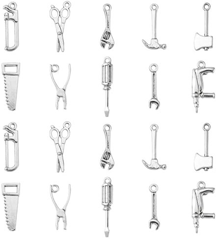 UR URLIFEHALL 100 Pcs 10 Styles Tibetan Tool Charms Antique Silver Axe Saw Wrench Pliers Scissors Charms for Necklaces Bracelet Jewellery Making