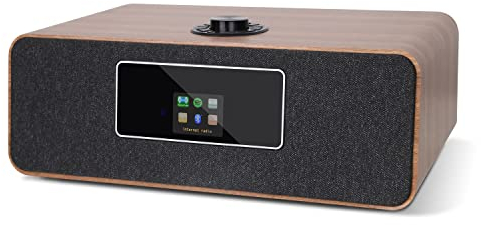 MS3 Stereo WiFi Internet Radio with Spotify (DAB + Digital Radio, VHF, Bluetooth, USB Charger, AUX-IN, Radio Alarm Clock, Wood Look, Colour Display, 20 Watt, Remote Control, Power Supply) - Walnut
